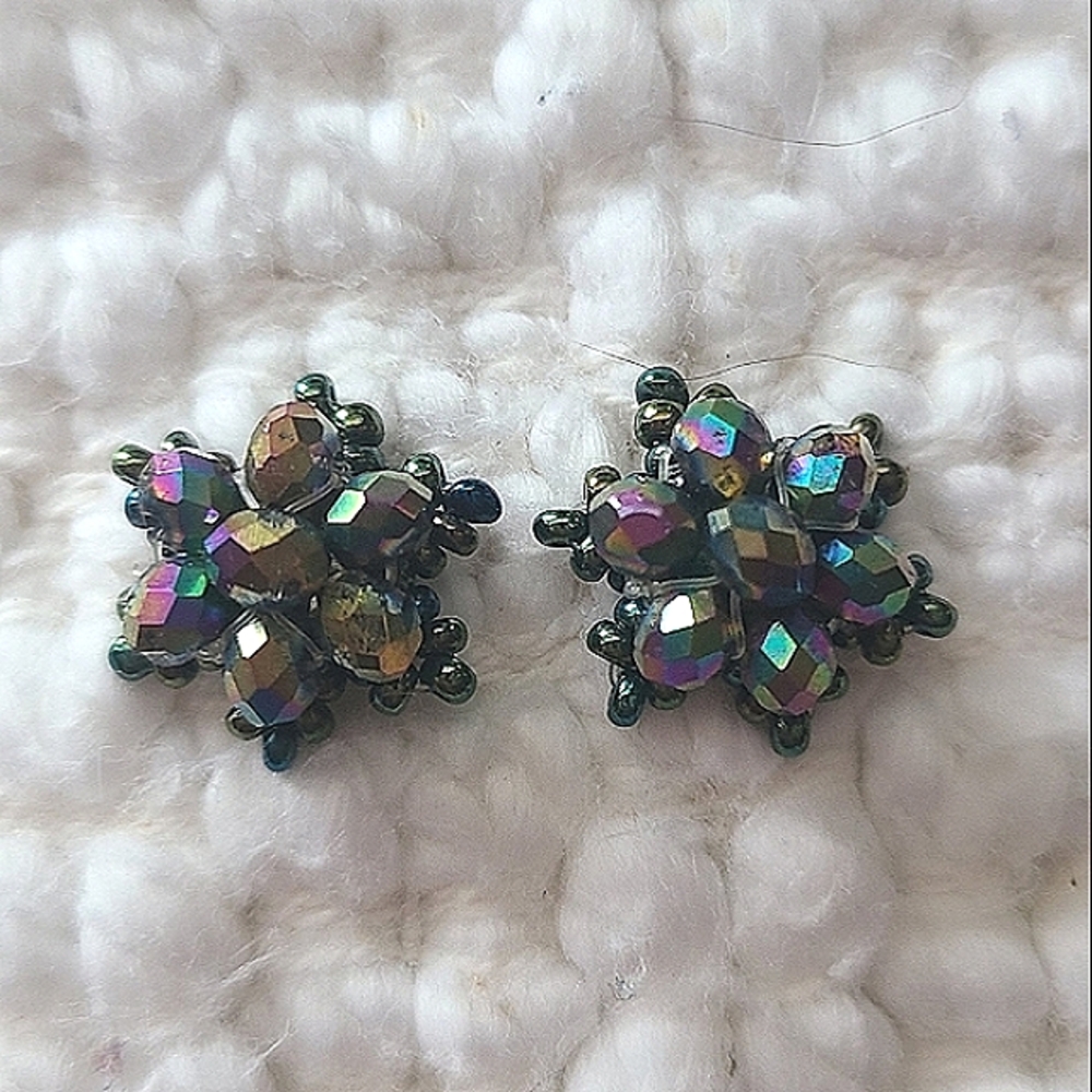 Peacock Aurora Beaded Flower/Star Stud Earrings, Post Back